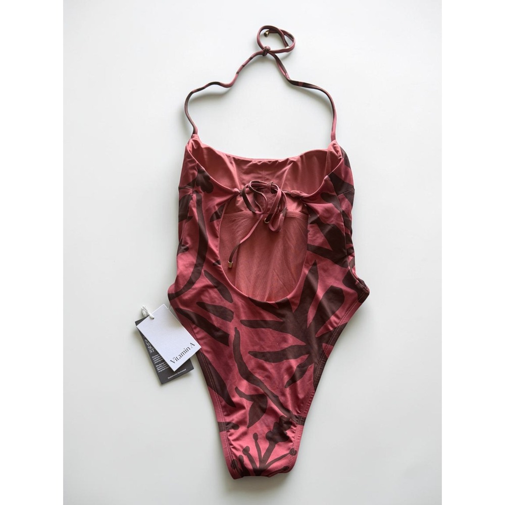 Vitamin A Pink Brown Tropical Print Halter One Piece Swimsuit Small NWT - Picture 2 of 4